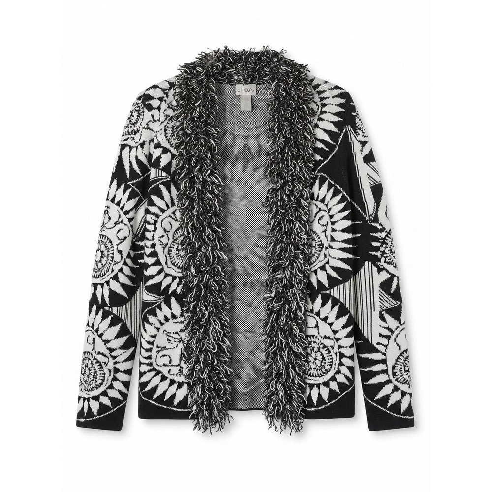 Chicos M Wool Blend Cardigan Winter Warm Boho Fringe Chic Black White Open
